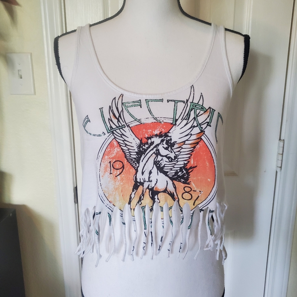 The Cult Electric Album White Crop Concert Tank With Fringe And Pegasus Design